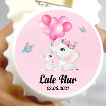 Pembe Balonlu Fil ile Tavşan Temalı Kapak Şekilli Magnet Açacak