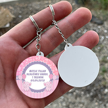 Pembe Balonlu Fil Temalı Daire Plastik Anahtarlık