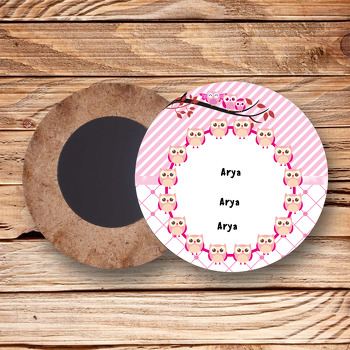 Pembe Baykuş Temalı Ahşap Daire Magnet
