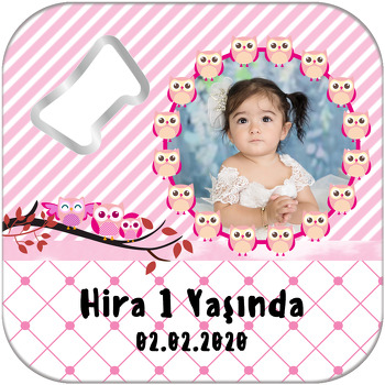 Pembe Baykuş Temalı Kare Magnet Açacak