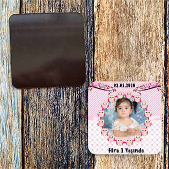 Pembe Baykuş Temalı Kare magnet