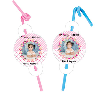 Pembe Baykuş Temalı Resimli Pipet ve Kartı