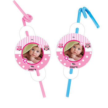 Pembe Baykuşlar Temalı Resimli Pipet ve Kartı
