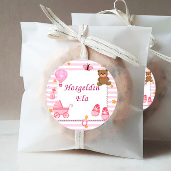Pembe Beyaz Çizgili Araba Ayıcık ve Ayakkabı Temalı Parti Süs Sticker