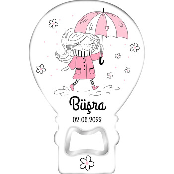 Pembe Beyaz Şemsiyeli Kız Temalı Balon Ahşap Magnet 