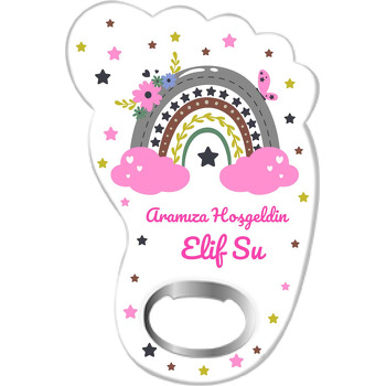 Pembe Bulutlu Çiçekli Gökkuşağı Temalı Ayak İzi Magnet Açacak