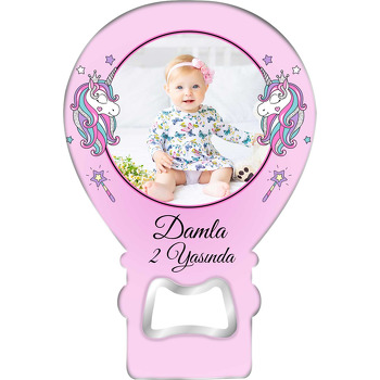Pembe Çerçeve ile Unicorn Temalı Balon Ahşap Magnet 