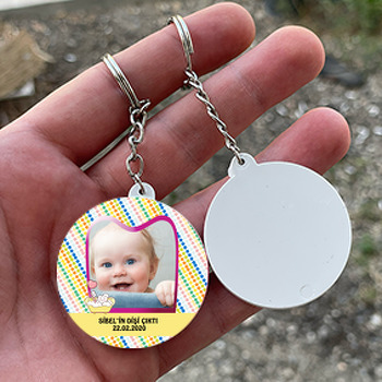 Pembe Çerçeveli Diş Temalı Resimli Daire Plastik Anahtarlık