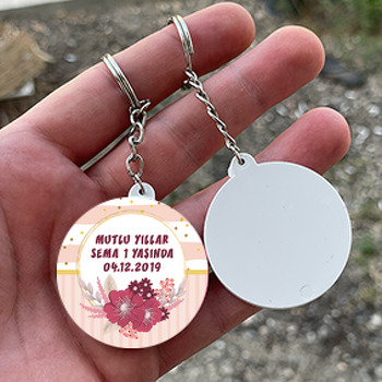 Pembe Çiçek Çerçeve Temalı Daire Plastik Anahtarlık