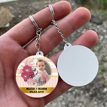 Pembe Çiçek Çerçeve Temalı Resimli Daire Plastik Anahtarlık