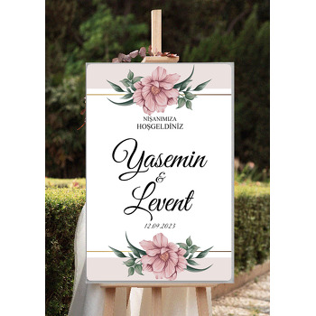Pembe Çiçek ile Gül Kurusu Fon Temalı Söz Nişan Nikah Dekota Karşılama Panosu