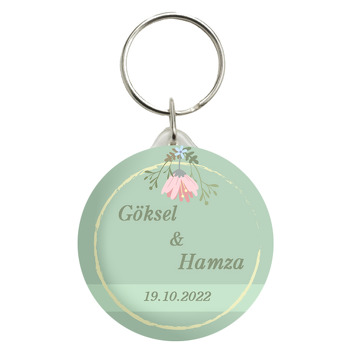 Pembe Çiçek ile Sarı Çerçeveli Yeşil Fon Temalı Anahtarlık