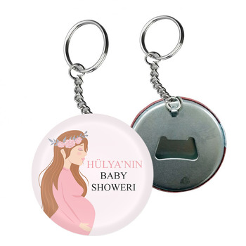 Pembe Çiçek Taçlı Hamile Anne Temalı Arkası Açacak Anahtarlık