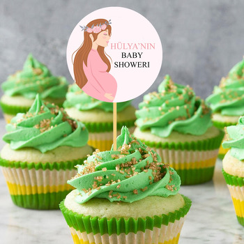 Pembe Çiçek Taçlı Hamile Anne Temalı Parti Kürdan Süs