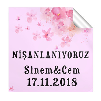 Pembe Çiçek Temalı Söz Nişan  Kare Etiket