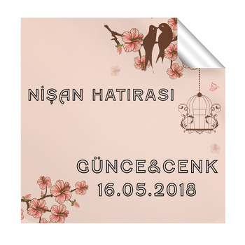 Pembe Çiçek Ve Kuşkafesi Temalı Söz Nişan  Kare Etiket