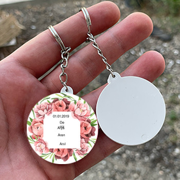 Pembe Çiçekler 3 Temalı Söz Nişan Nikah Daire Plastik Anahtarlık