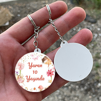 Pembe Çiçekler ile Periler Temalı Daire Plastik Doğum Günü Anahtarlık