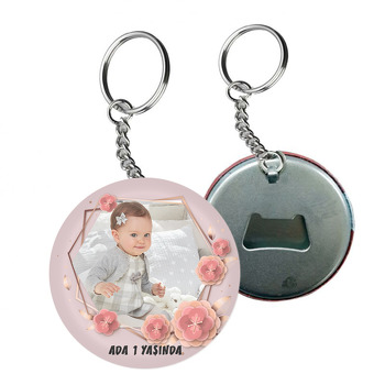 Pembe Çiçekler Temalı Resimli Arkası Açacak Anahtarlık