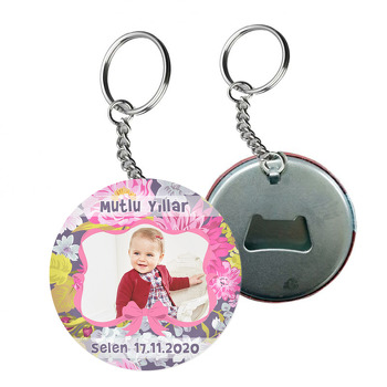 Pembe Çiçekler Temalı Resimli Arkası Açacak Anahtarlık