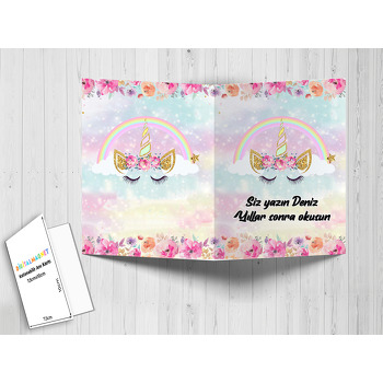 Pembe Çiçekler Ve Unicorn Temalı Anı Kartı