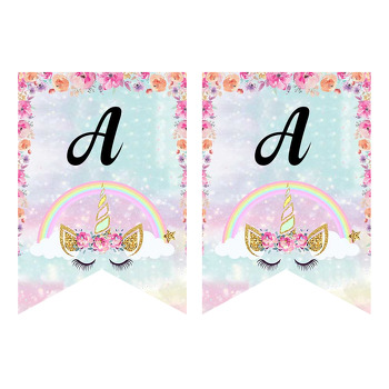 Pembe Çiçekler ve Unicorn Temalı Flama Banner