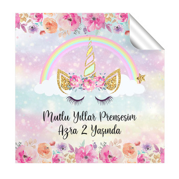 Pembe Çiçekler Ve Unicorn Temalı Kare Etiket