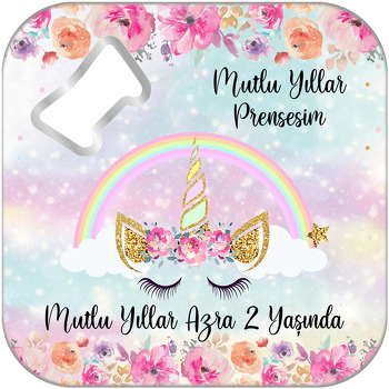 Pembe Çiçekler Ve Unicorn Temalı Kare Magnet Açacak