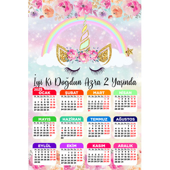 Pembe Çiçekler Ve Unicorn Temalı Takvim Magnet