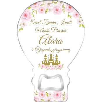 Pembe Çiçeklerle Masal Şatosu Temalı Balon Ahşap Magnet 