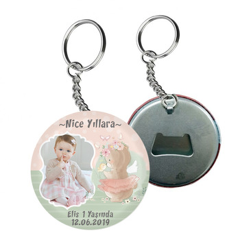 Pembe Çiçekli Ayıcık Temalı Resimli Arkası Açacak Anahtarlık