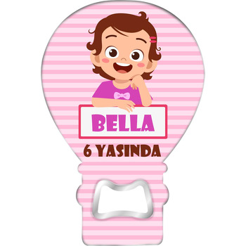 Pembe Çizgili Fonda Mor Tshirtlü Kız Çocuğu Temalı Balon Ahşap Magnet 