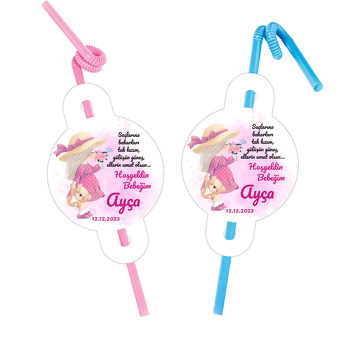 Pembe Elbiseli Kız Çocuğu ile Ayıcık Temalı Pipet ve Kartı