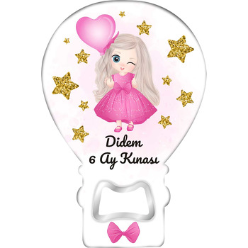 Pembe Elbiseli Kız Çocuğu ile Gold Simli Yıldızlar Temalı Balon Ahşap Magnet 