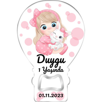 Pembe Elbiseli Kız ile Beyaz Tavşan Temalı Balon Ahşap Magnet 