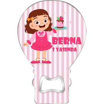 Pembe Elbiseli Pastalı Kız Temalı Balon Ahşap Magnet 