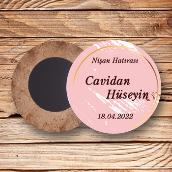 Pembe Eskitme Fon Temalı Daire Ahşap Magnet