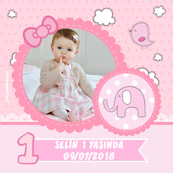 Pembe Fil Temalı 1 Yaş Doğum Günü   Kare Parti Afiş