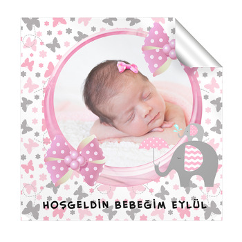 Pembe Fil Temalı Bebek  Kare Etiketi