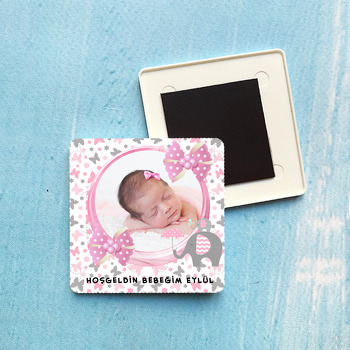 Pembe Fil Temalı Bebek Plastik Kare Magneti