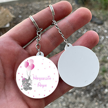 Pembe Fil ve Balonlu Hoşgeldin Bebek Temalı Daire Plastik Anahtarlık