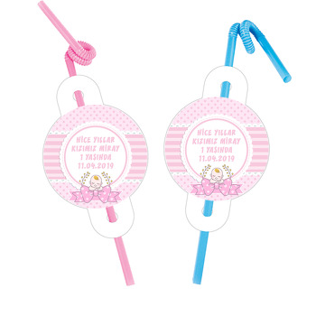 Pembe Fiyonklu Bebek Temalı Pipet ve Kartı