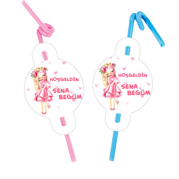 Pembe Flamingo ile Sevimli Kız Temalı Pipet ve Kartı
