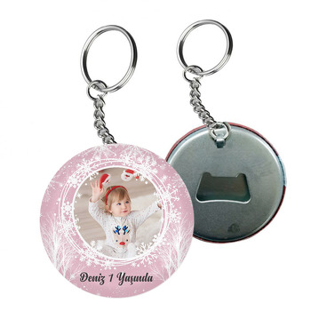 Pembe Fonda Kar Taneleri ile Kış Ağaçları Temalı Arkası Açacak Anahtarlık