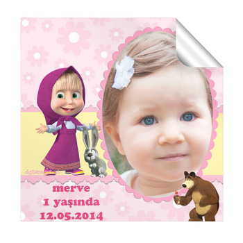 Pembe  Fonlu Maşa Ve Koca Ayı  Kare Etiket 2