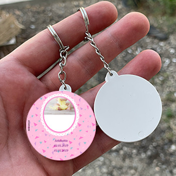 Pembe Fonlu Temalı Bebek Daire Plastik Anahtarlık