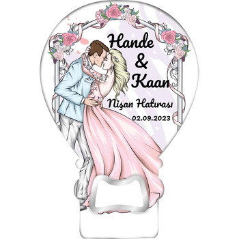 Pembe Gelinlikli Gelin ile Mavi Damatlıklı Damat Güller İçerisinde Temalı Balon Magnet Açacak
