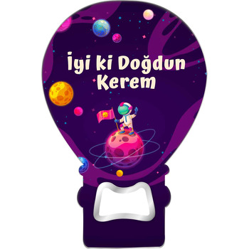 Pembe Gezegen ile Astronot Temalı Balon Ahşap Magnet 