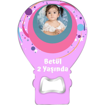 Pembe Gri Çerçeve ile Yıldız Fon Temalı Balon Ahşap Magnet 