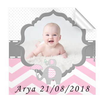 Pembe Gri Fil Temalı Doğum Günü  Kare Etiket